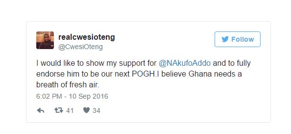 Cwesi Oteng endorses Nana Addo
